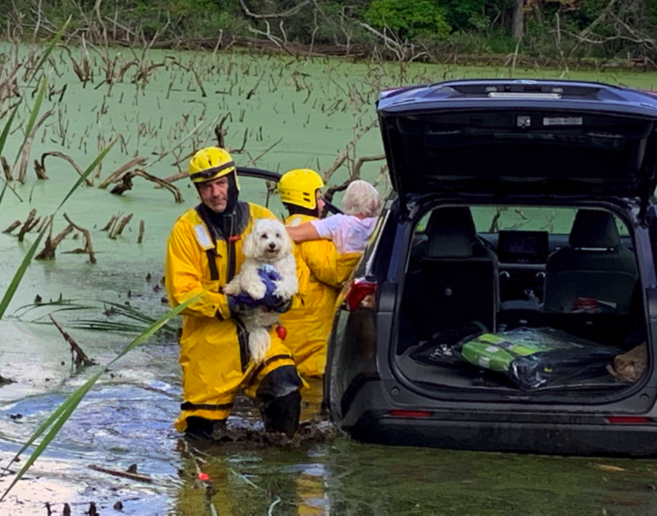 Two rescuers pull a small child and dog from a van that has crashed into a lake