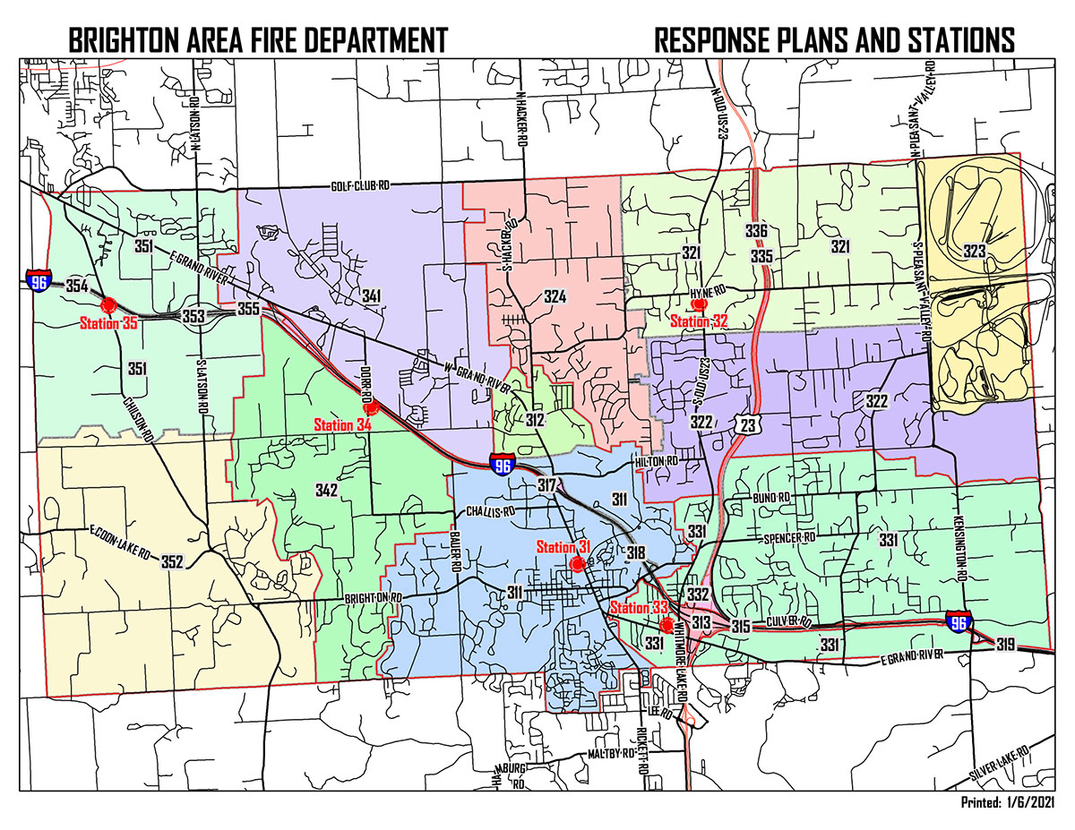 Brighton Area Fire Department Response Plans and Stations. Printed 1/6/2021